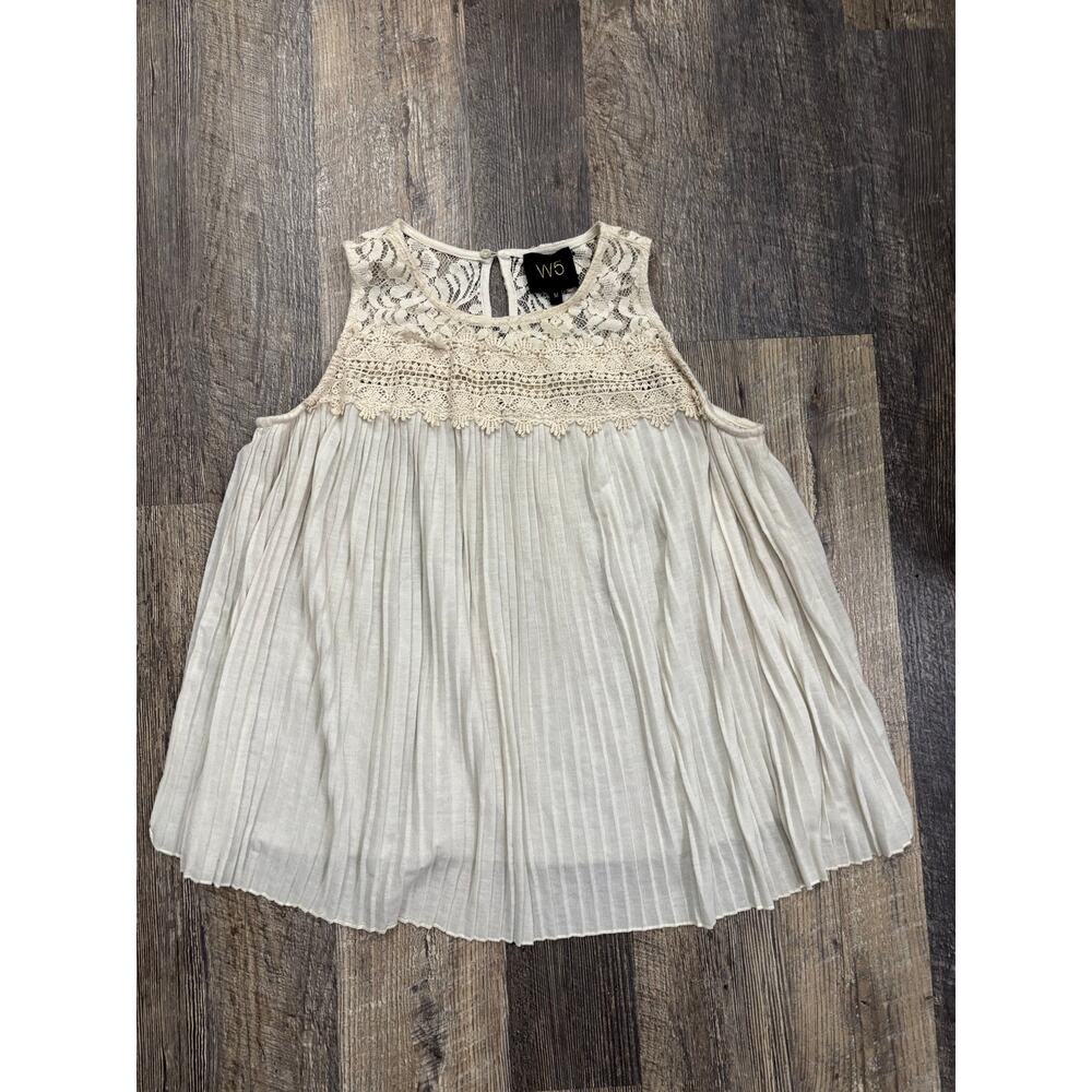 W5 Womens Pleated Lace Crochet Sleeveless Blouse Cream Boho Babydoll Top‎ Medium